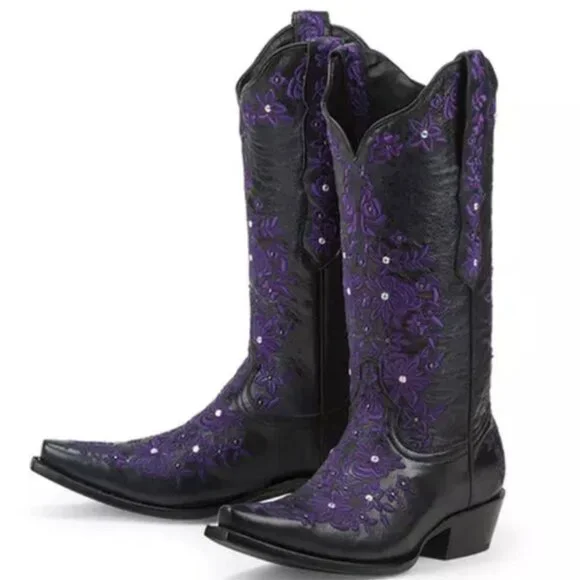Black Star SWEETGRASS Women's Cowboy Boots in Black w Purple - Size 8.5 - Picture 1 of 13
